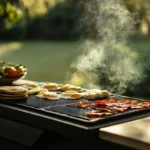 A Blackstone grill with sizzling pancakes, eggs, and bacon