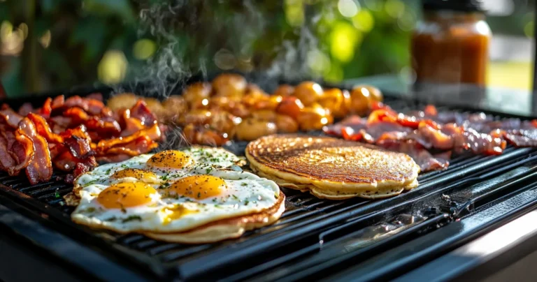 A Blackstone grill with sizzling pancakes, eggs, and bacon