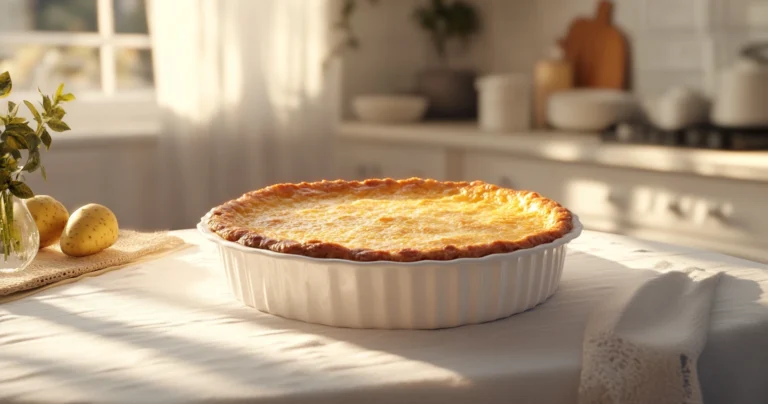 A traditional Passover potato pie displayed on a Seder table with holiday decorations.