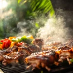 A Traeger grill in action, producing light wood smoke, with a variety of foods like ribs, chicken, and vegetables grilling to perfection.