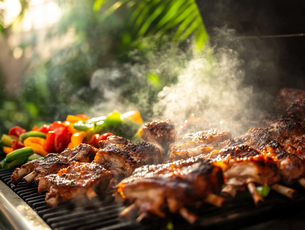 A Traeger grill in action, producing light wood smoke, with a variety of foods like ribs, chicken, and vegetables grilling to perfection.