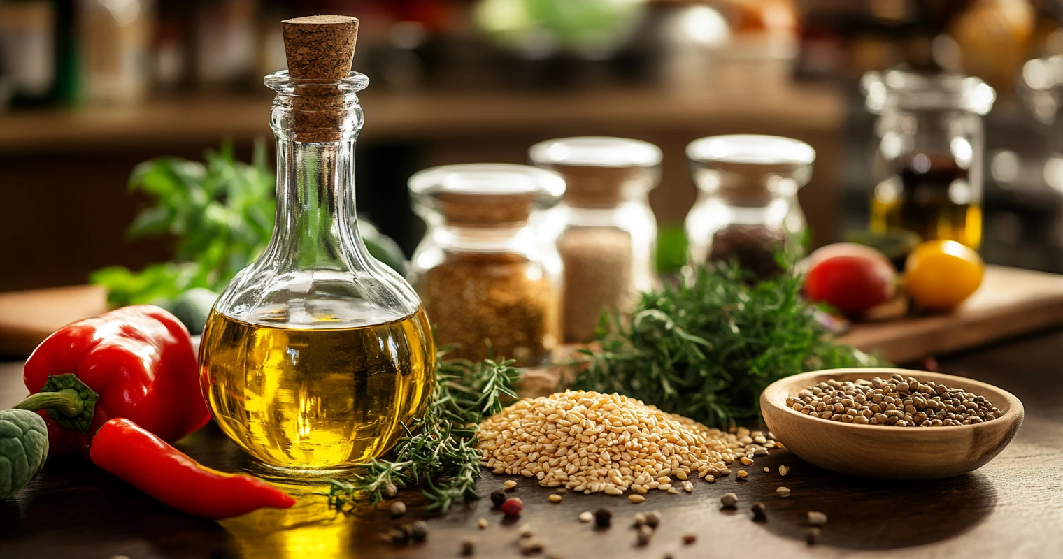 A selection of Byzantine ingredients including olive oil, spices, and bread