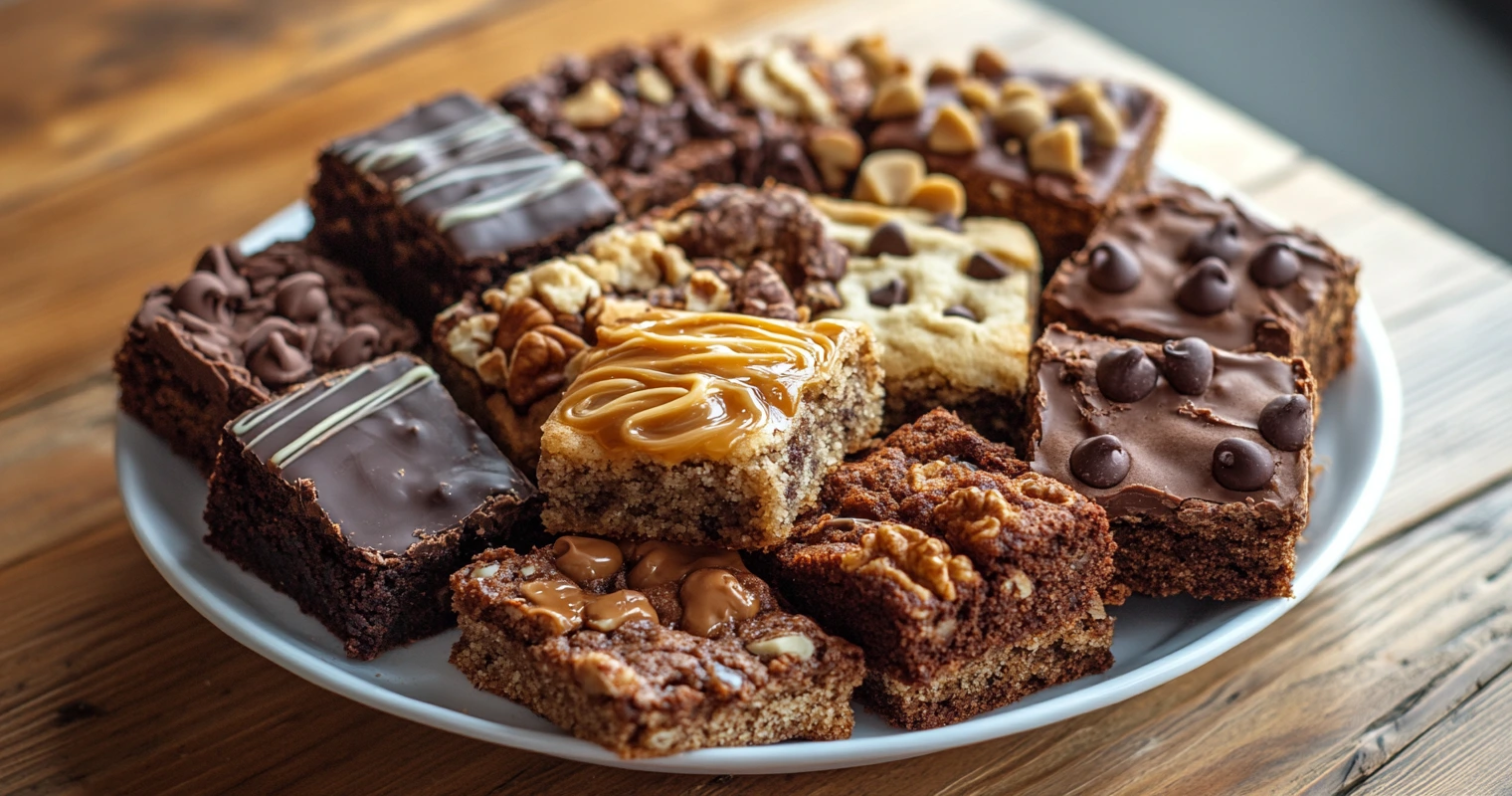 Brookies with caramel swirls, chocolate chips, and nuts as toppings