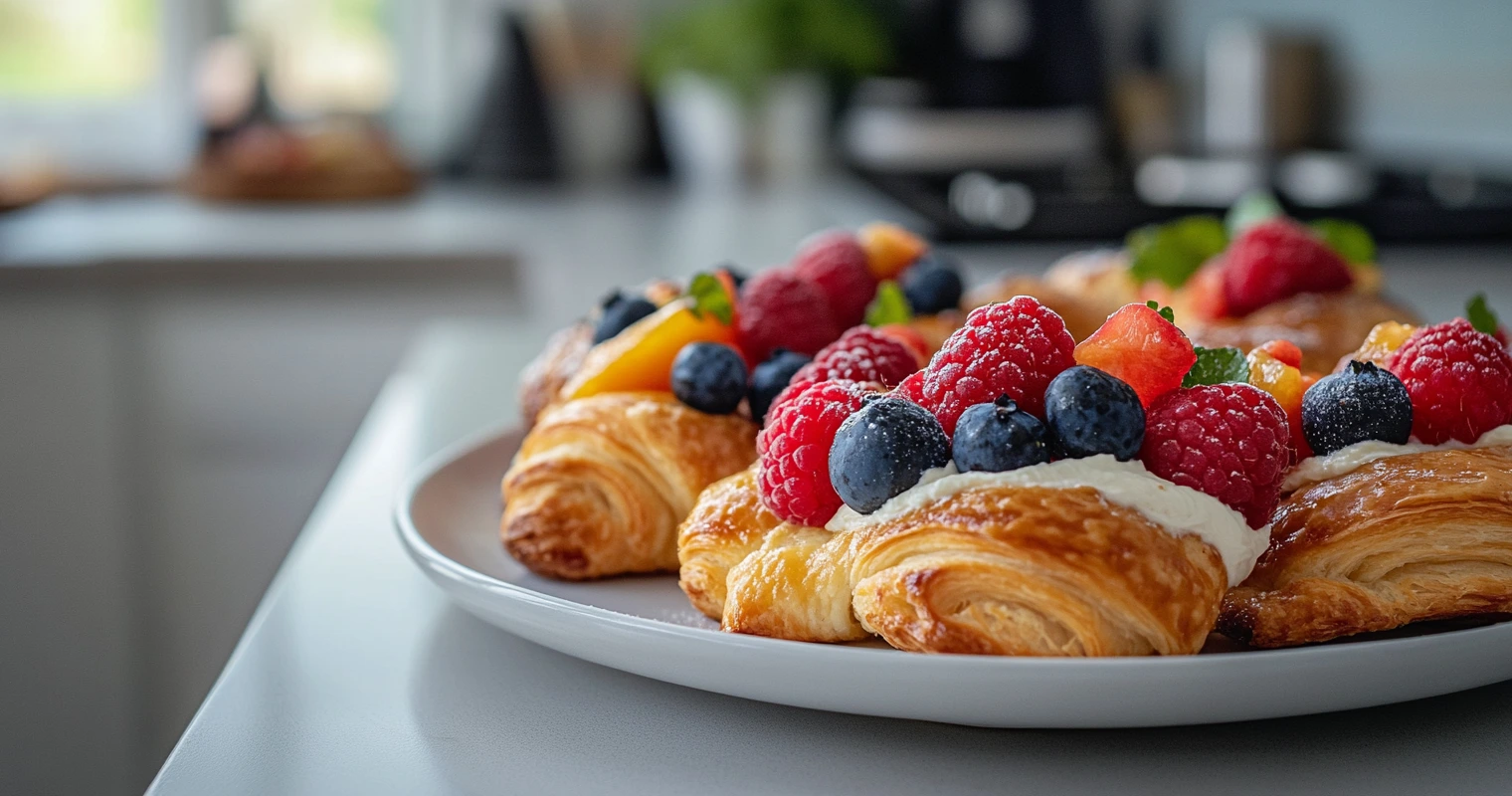 A variety of Danish pastries with fruit and cream cheese fillings on a white serving plate.