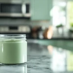 A jar of smooth pistachio cream on a kitchen countertop.