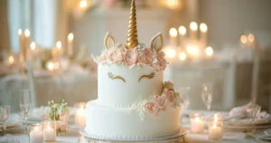 A wedding-themed unicorn cake with white and gold decorations.