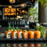 Fresh salmon sushi cuts arranged for sushi preparation