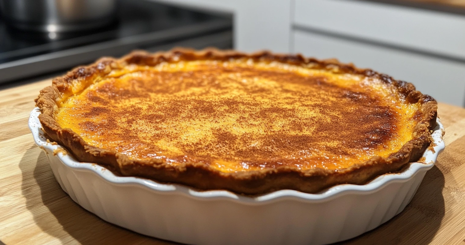 A sweet potato Passover pie with a lightly spiced topping in a rustic dish.