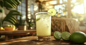 A classic skinny margarita with lime wedges and a salted rim served on a sunny patio.