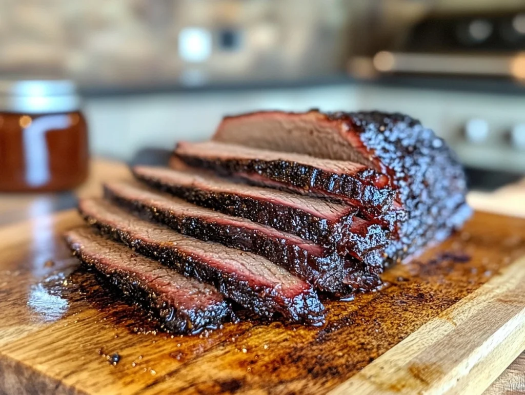 A beautifully smoked brisket sliced on a wooden board, with visible smoke coming from a Traeger grill in the background.