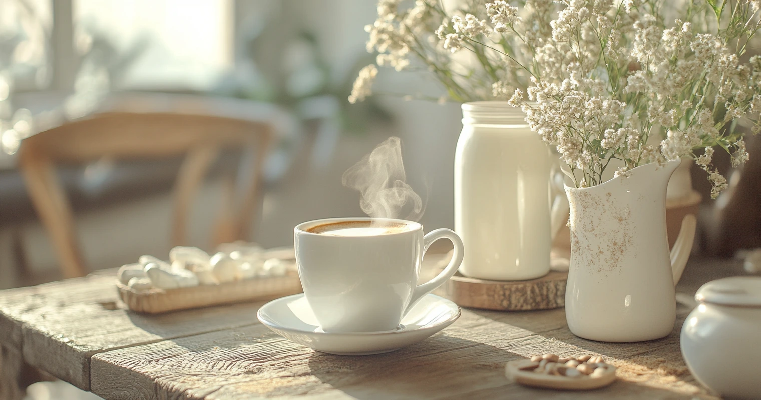 A collection of dairy and plant-based coffee creamers, including milk cartons, almond milk, and oat milk bottles next to a steaming cup of coffee