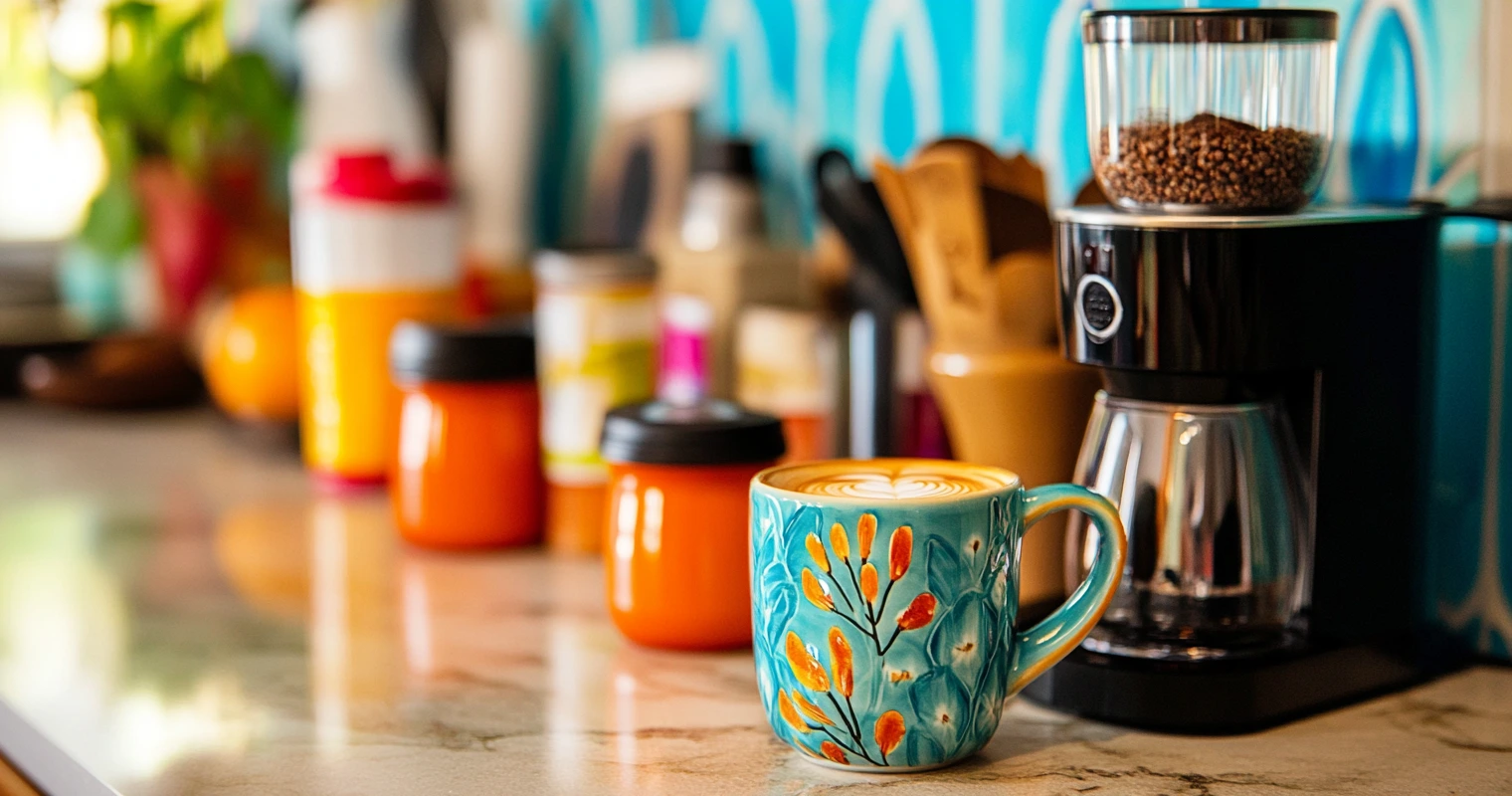 An assortment of flavored and specialty coffee creamers, including pumpkin spice, hazelnut, and keto-friendly options, displayed next to a colorful coffee mug.