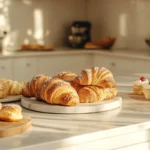 A variety of freshly baked pastries, including croissants, Danish pastries, and cream puffs, on a modern kitchen counter.