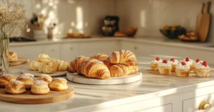 A variety of freshly baked pastries, including croissants, Danish pastries, and cream puffs, on a modern kitchen counter.