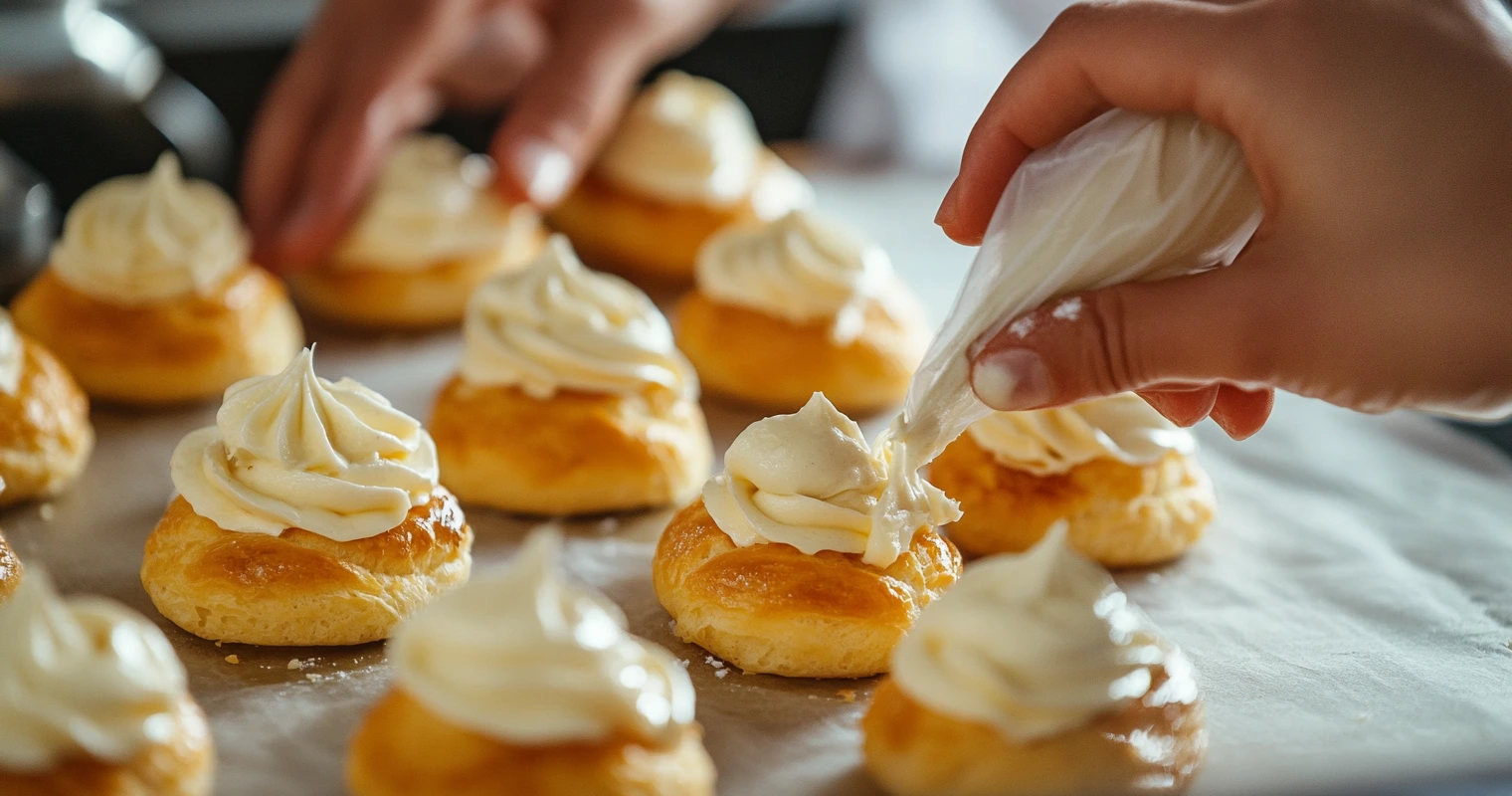 Hands filling cream puffs with rich pastry cream in a professional kitchen.