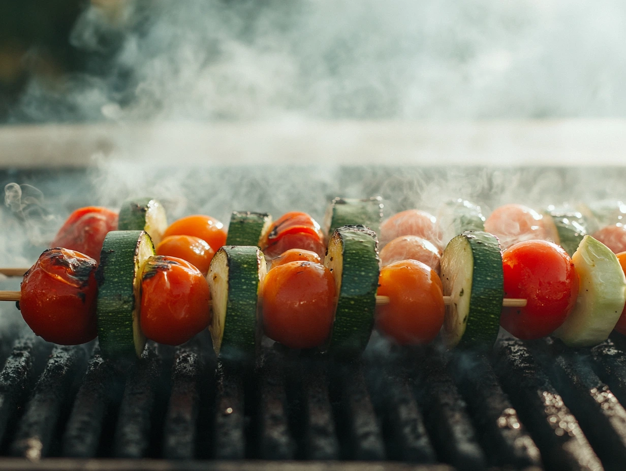 Brightly colored vegetable skewers with zucchini, bell peppers, and cherry tomatoes grilling on a Traeger grill.