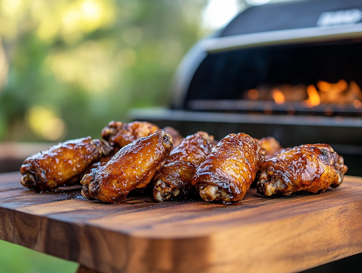 Smoked chicken wings with a BBQ glaze served on a wooden platter with a Traeger grill in the background.
