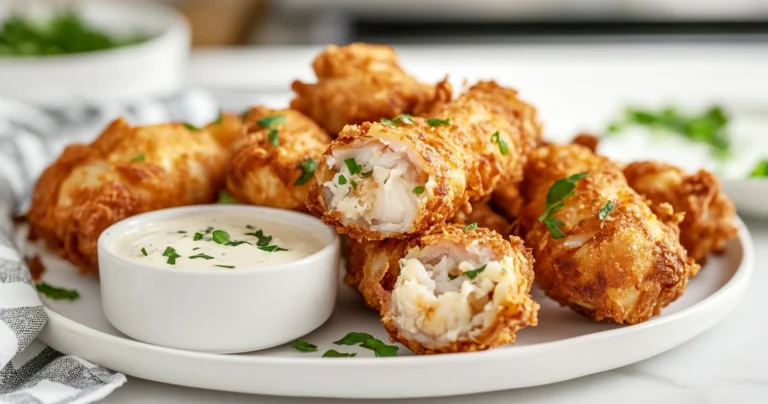 Air-fried crab cake egg rolls arranged on a serving plate with dipping sauce.