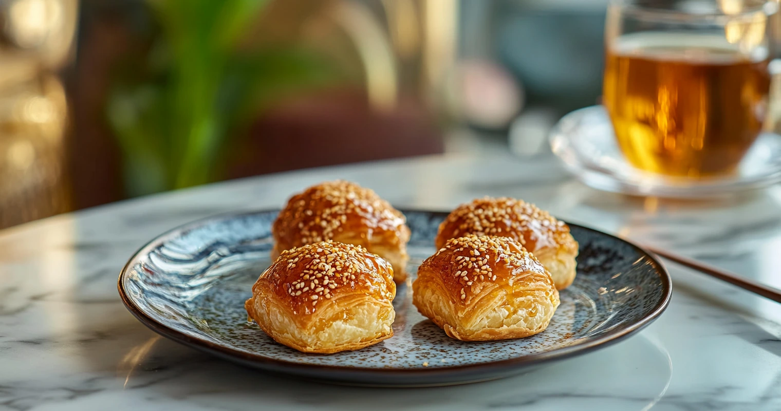 Golden pastries drizzled with honey and sprinkled with sesame seeds