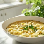 Authentic Cappelletti pasta in broth on a modern white countertop