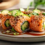 Plate of Alaska Rolls with fresh salmon, avocado, and soy sauce in a modern kitchen