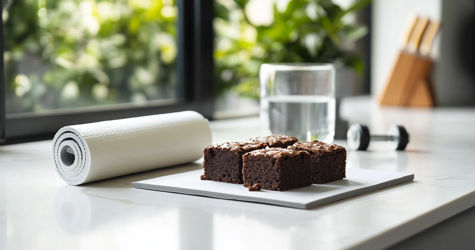 A Prime Bites Protein Brownie placed next to workout gear, including a water bottle and dumbbells
