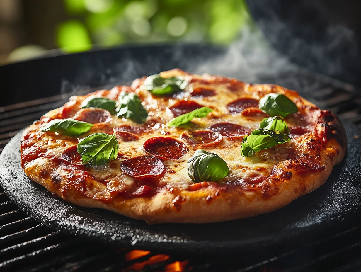 A homemade pizza with melted mozzarella, pepperoni, and fresh basil baking on a pizza stone inside a Traeger grill.