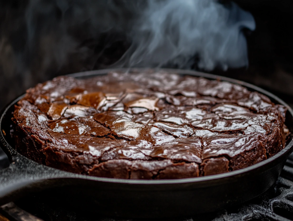 Gooey smoked chocolate brownies baked in a cast iron skillet, placed on a Traeger grill.