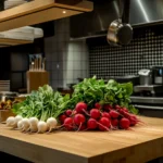 Fresh radishes on a wooden countertop