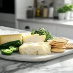 Assorted cheeses on a platter with sliced jalapeños