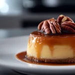 Gluten-free praline cheesecake on a white plate with a praline topping