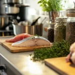 Raw fish and chicken on separate cutting boards with spices