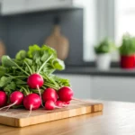 Fresh radishes on a wooden cutting board