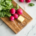 Fresh radishes with salted butter and a sprinkle of sea salt