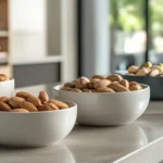 An assortment of nuts for praline topping displayed in small ceramic bowls