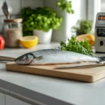Modern kitchen workstation with fresh fish, knife, and meat thermometer.