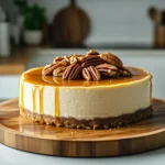 No-bake praline cheesecake garnished with caramel and pecans