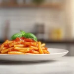 Close-up of Strozzapreti pasta with a rich tomato sauce