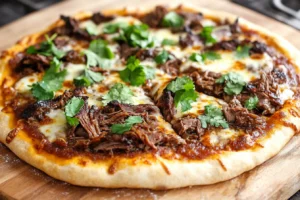 Freshly baked birria pizza