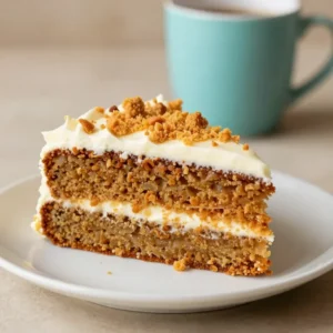 A slice of the world’s best carrot cake topped with cream cheese frosting and a sprinkle of walnuts on a white plate.