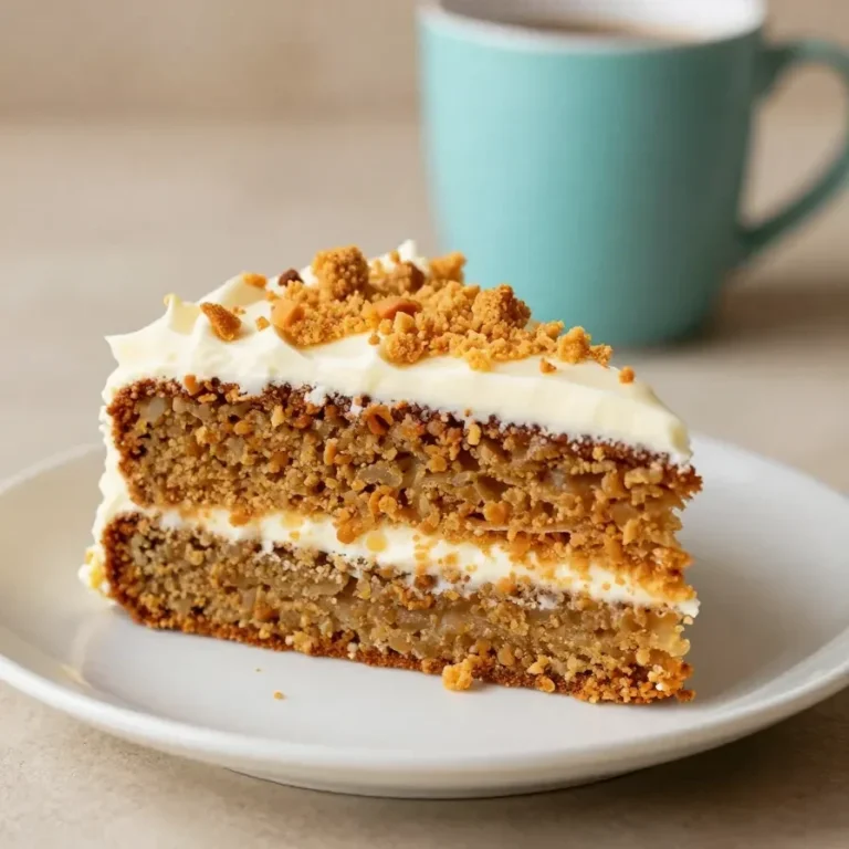 A slice of the world’s best carrot cake topped with cream cheese frosting and a sprinkle of walnuts on a white plate.