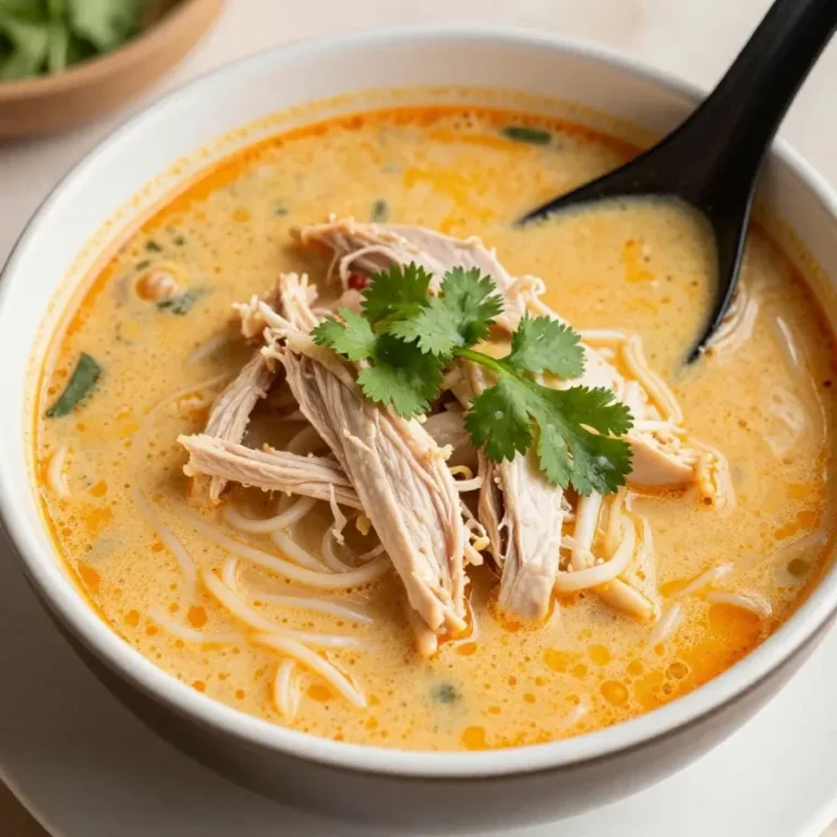 A bowl of easy Thai chicken soup garnished with fresh cilantro and lime wedges.