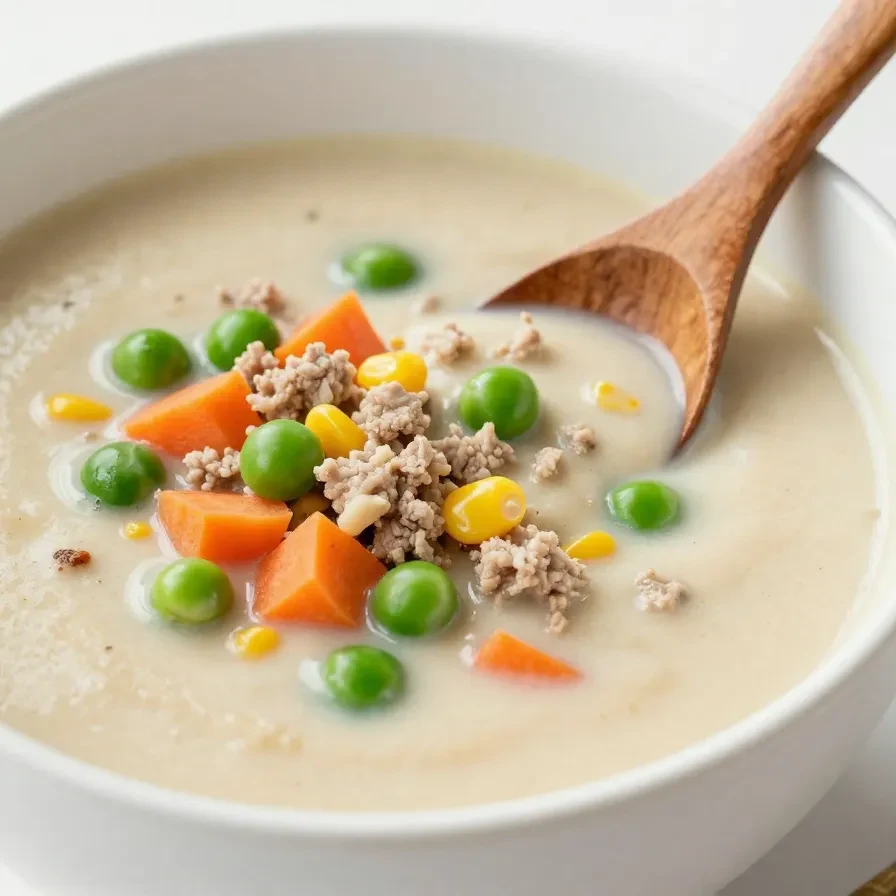A bowl of hearty Shepherd's Pie Soup topped with fresh herbs.