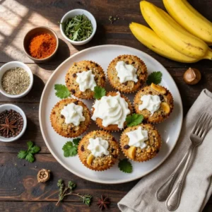 Close-up of high protein banana bread muffins made with Greek yogurt on a wooden table.