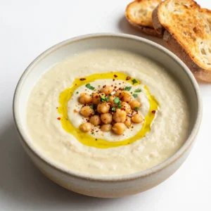 A bowl of vegan garlic chickpea soup garnished with fresh herbs on a wooden table.