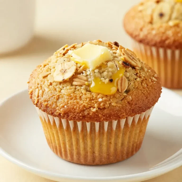 Freshly baked banana oatmeal muffins on a wooden table with a napkin and bananas in the background.