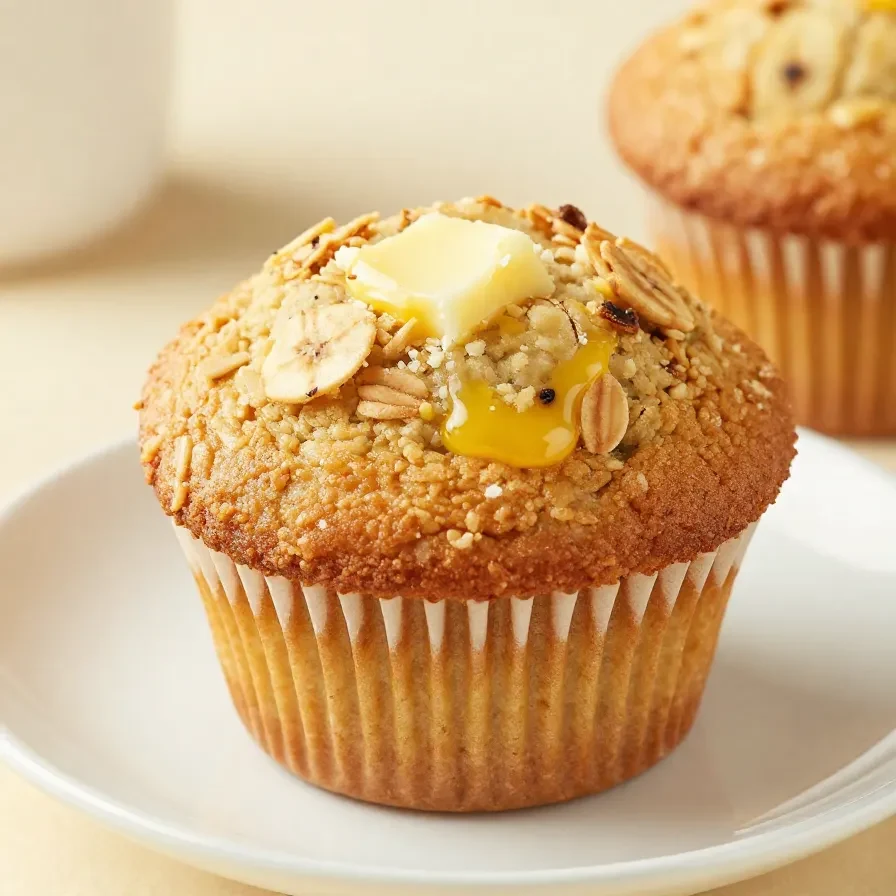 Freshly baked banana oatmeal muffins on a wooden table with a napkin and bananas in the background.