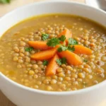A bowl of hearty slow cooker lentil soup garnished with fresh parsley.
