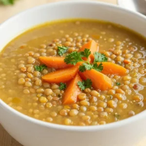 A bowl of hearty slow cooker lentil soup garnished with fresh parsley.