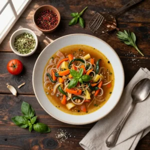 A bowl of freshly made vegetable soup with colorful vegetables served on a wooden table.